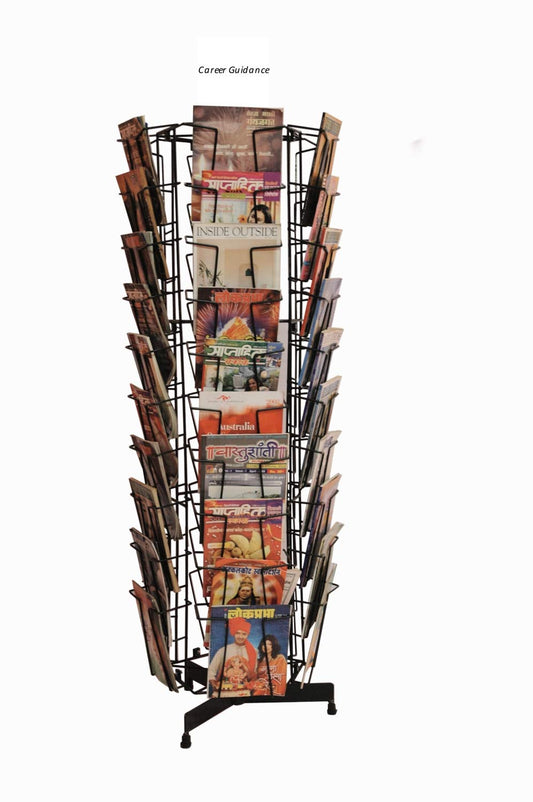 Raviraj Display Alloy Steel Deluxe Magazine Stand, Rotating, Handy, Space Saving, 50 Compartments For Magazine, Brochure, Literature, Stores 150 Magazines - Floor Mount, Tiered Shelf