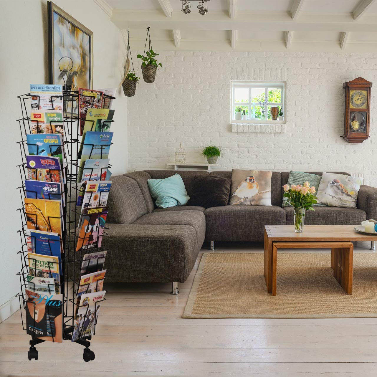 Raviraj Display Alloy Steel Deluxe Magazine Stand, Rotating, Handy, Space Saving, 50 Compartments For Magazine, Brochure, Literature, Stores 150 Magazines - Floor Mount, Tiered Shelf