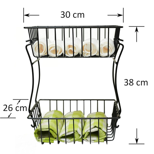 Raviraj Display 2-Tier Countertop Fruit basket for kitchen, Vegetable, Bread Basket, Detachable Metal Organiser, Rectangular Storage, Black