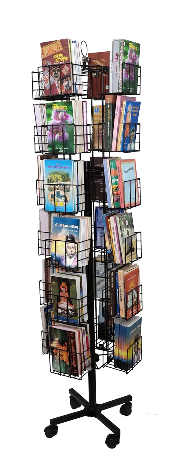 RAVIRAJ DISPLAY Alloy Steel Rotating Display Rack with 24 Compartments for Hardcover Books, Trade Paperbacks, Pocket Books, Mass Market Paperback Books (Black, Height- 164 cms)