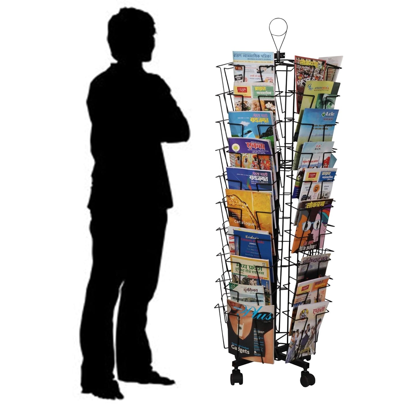 Raviraj Display Alloy Steel Deluxe Magazine Stand, Rotating, Handy, Space Saving, 50 Compartments For Magazine, Brochure, Literature, Stores 150 Magazines - Floor Mount, Tiered Shelf