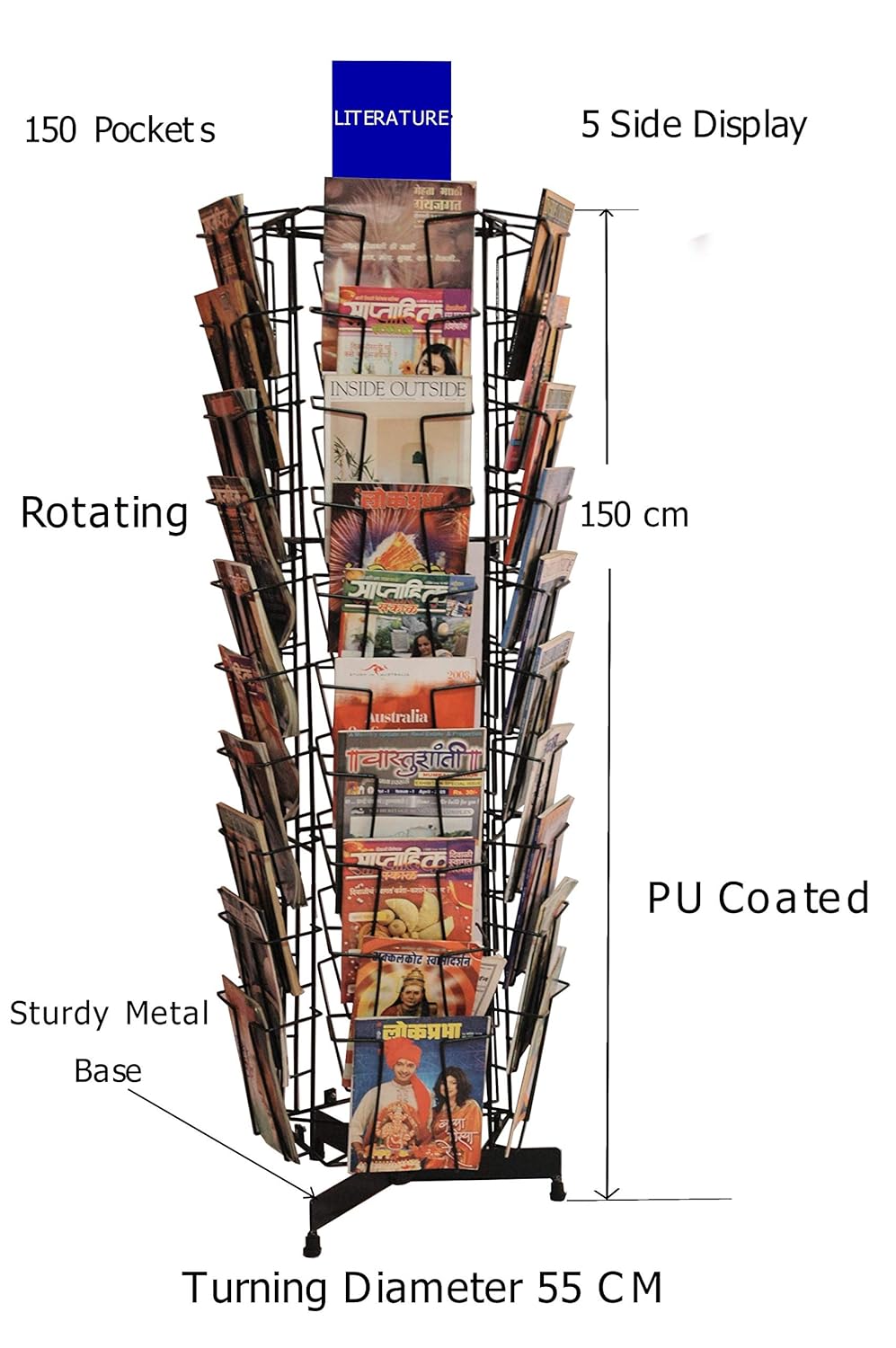Raviraj Display Alloy Steel Deluxe Magazine Stand, Rotating, Handy, Space Saving, 50 Compartments For Magazine, Brochure, Literature, Stores 150 Magazines - Floor Mount, Tiered Shelf