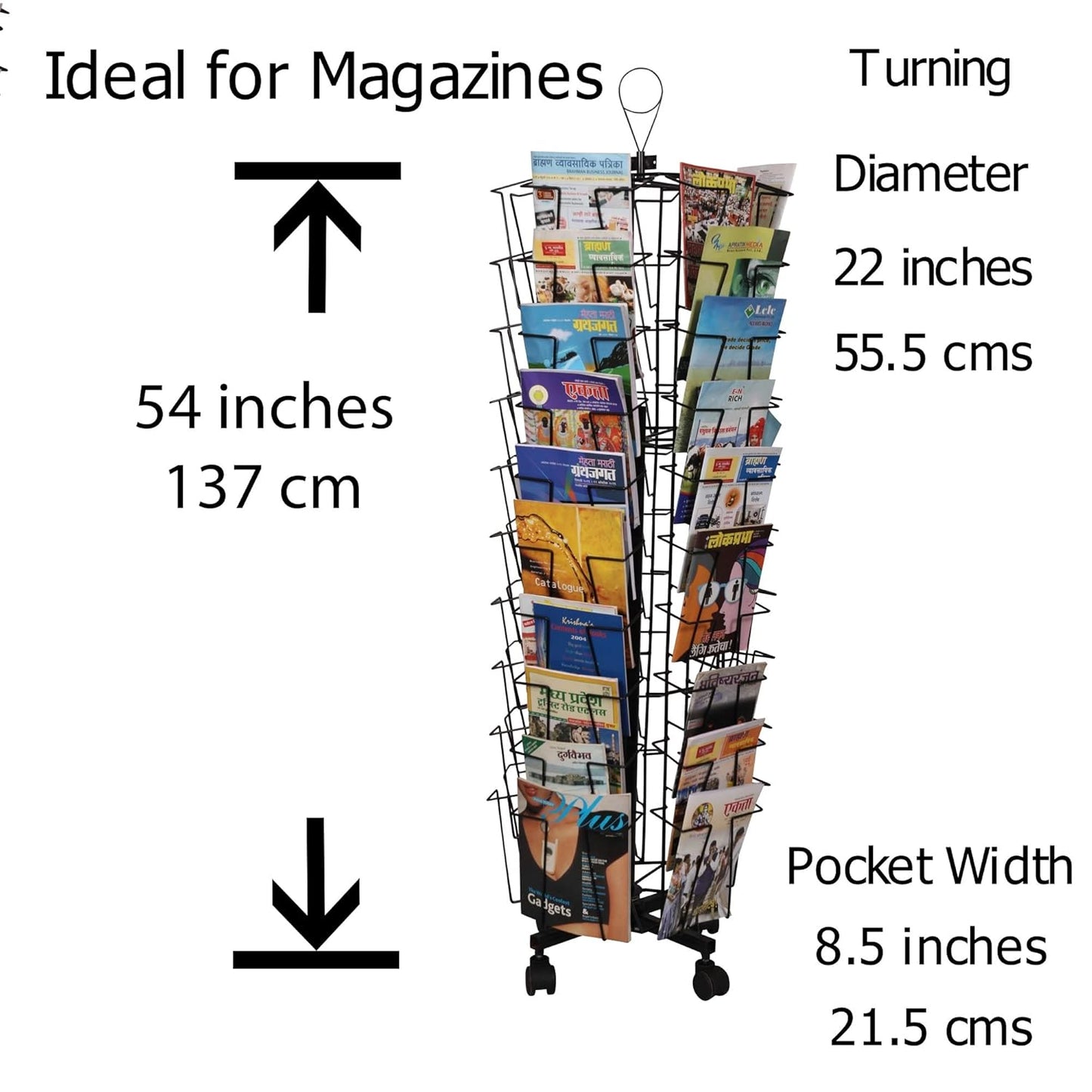 Raviraj Display Alloy Steel Deluxe Magazine Stand, Rotating, Handy, Space Saving, 50 Compartments For Magazine, Brochure, Literature, Stores 150 Magazines - Floor Mount, Tiered Shelf