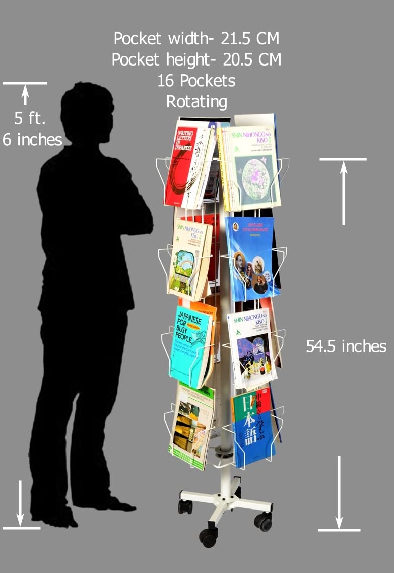 RAVIRAJ DISPLAY Alloy Steel,Rotating,Handy,Space Organizing Display Rack with 16 Compartments for Magazine,Brochure,Literature (Stores 80 Magazines,Off White,Height- 138 cms),Free Standing,Wire Rack