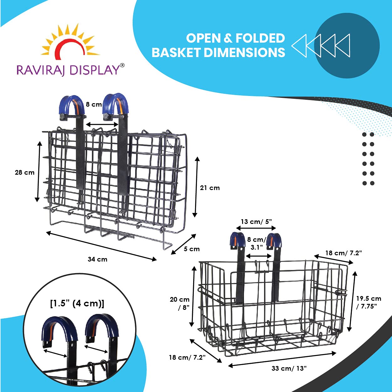 RAVIRAJ DISPLAY Folding Front/Rear Bike Basket Wire Mesh Fold-Up Detchable Hanging Bike Basket for Mountain Bike Black 1 NOS