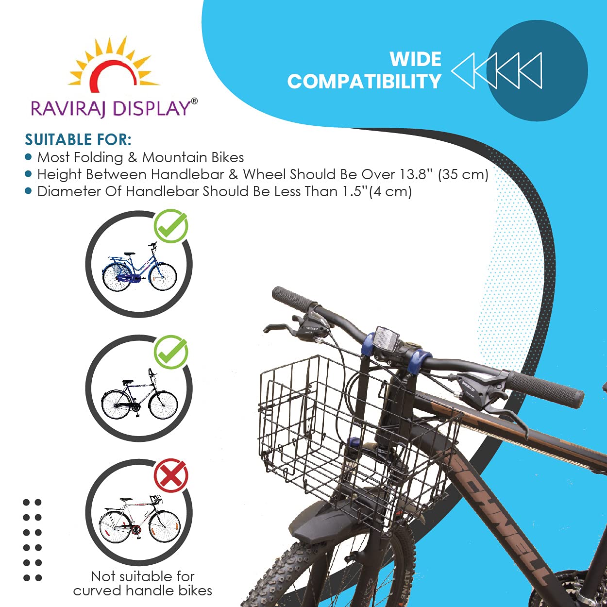 RAVIRAJ DISPLAY Folding Front/Rear Bike Basket Wire Mesh Fold-Up Detchable Hanging Bike Basket for Mountain Bike Black 1 NOS