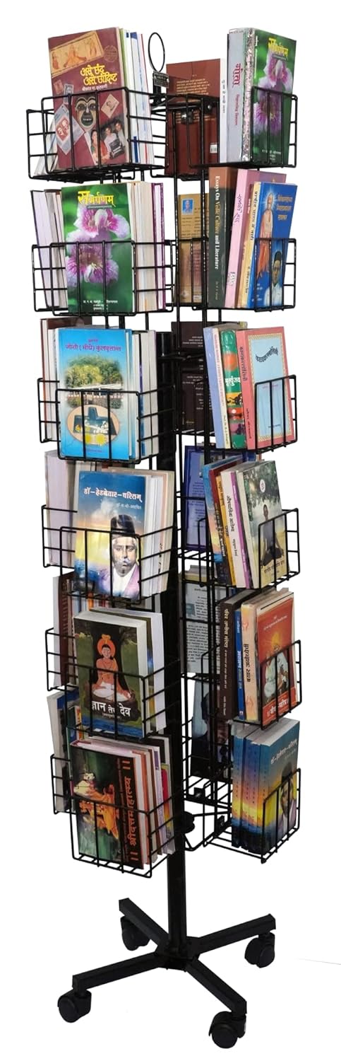 RAVIRAJ DISPLAY Alloy Steel Rotating Display Rack with 24 Compartments for Hardcover Books, Trade Paperbacks, Pocket Books, Mass Market Paperback Books (Black, Height- 164 cms)