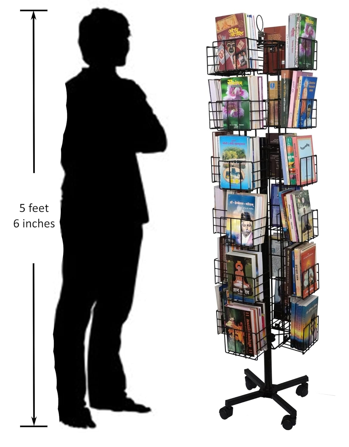 RAVIRAJ DISPLAY Alloy Steel Rotating Display Rack with 24 Compartments for Hardcover Books, Trade Paperbacks, Pocket Books, Mass Market Paperback Books (Black, Height- 164 cms)