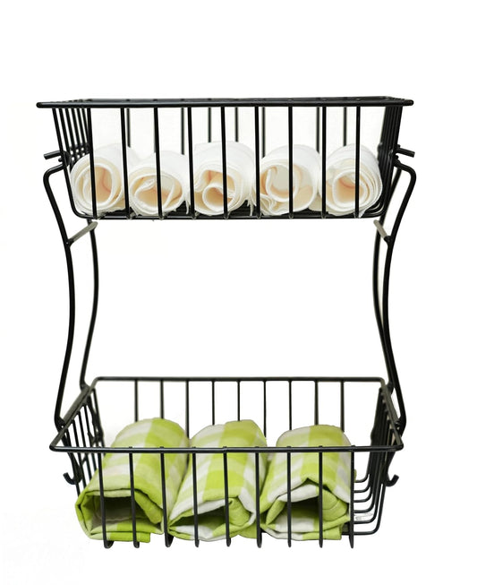 Raviraj Display 2-Tier Countertop Fruit basket for kitchen, Vegetable, Bread Basket, Detachable Metal Organiser, Rectangular Storage, Black