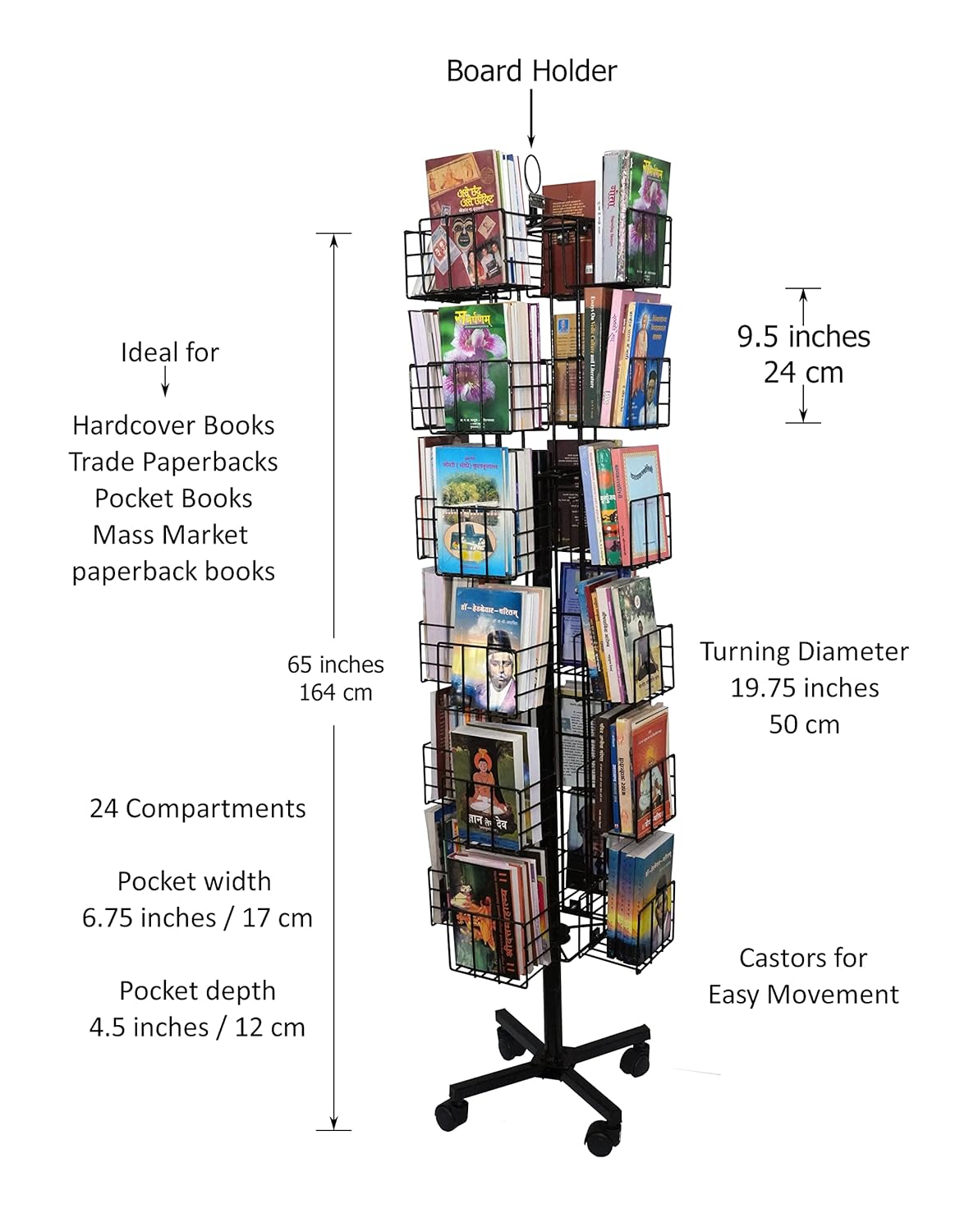 RAVIRAJ DISPLAY Alloy Steel Rotating Display Rack with 24 Compartments for Hardcover Books, Trade Paperbacks, Pocket Books, Mass Market Paperback Books (Black, Height- 164 cms)