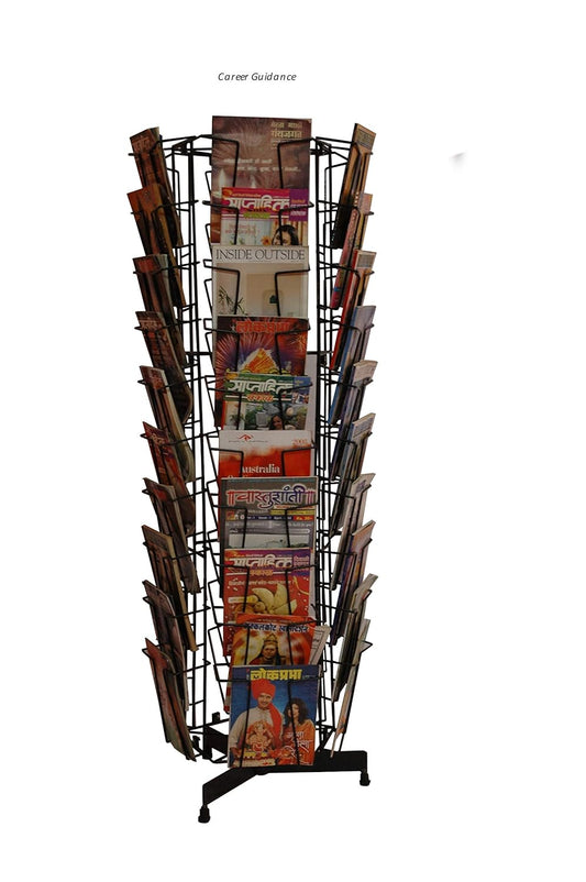 Raviraj Display Alloy Steel Deluxe Magazine Stand, Rotating, Handy, Space Saving, 50 Compartments For Magazine, Brochure, Literature, Stores 150 Magazines - Floor Mount, Tiered Shelf