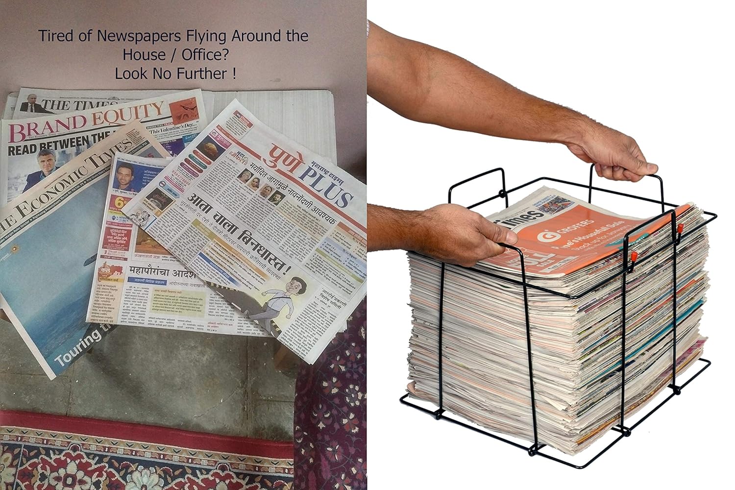 RAVIRAJ DISPLAY Multipurpose Folding Newspaper Bin; Wire Metal Basket; Storage Bin; 38 x 32 x 29.5 cm; Black