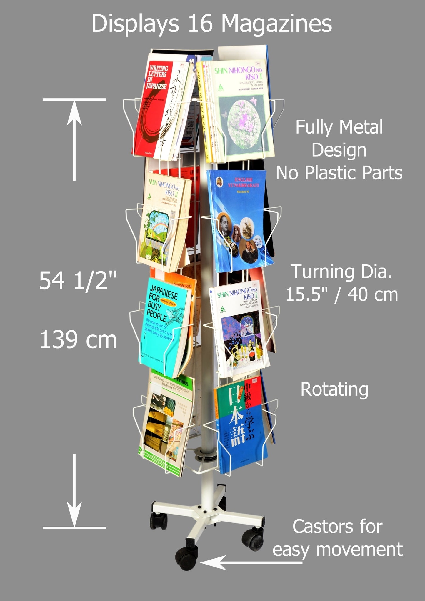 RAVIRAJ DISPLAY Alloy Steel, Rotating, Handy, Space Organizing Display Rack with 16 Compartments for Magazine, Brochure, Literature (Stores 80 Magazines, Off White, Height- 138 cms)